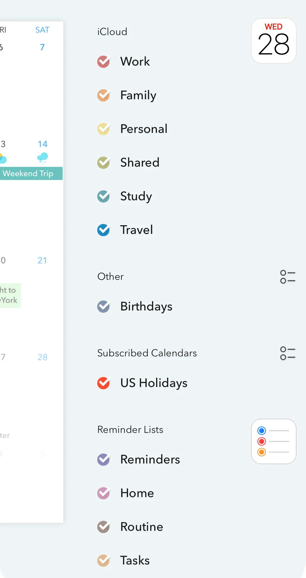 The calendar and reminder list in Across, showing iCloud calendars, subscribed calendars, and Reminder lists
