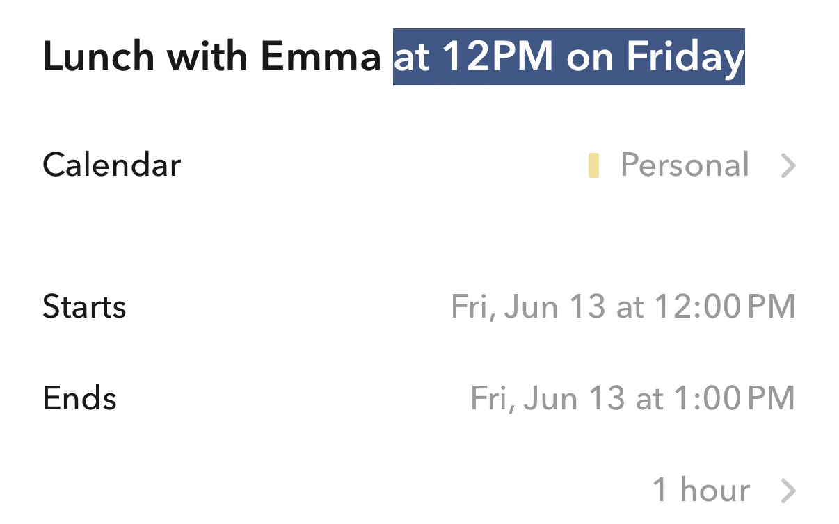 Typing "Lunch with Emma at 12PM on Friday" in Across, with the day and time parsed automatically into the event fields