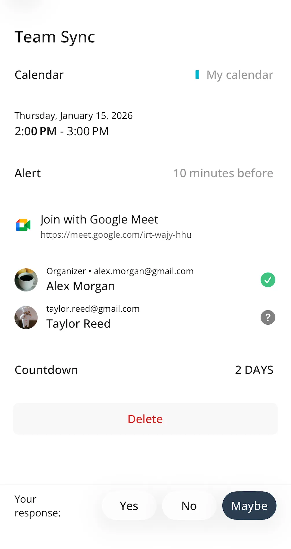 A Google Calendar event opened in Across, with a Google Meet link, guests, and an RSVP bar