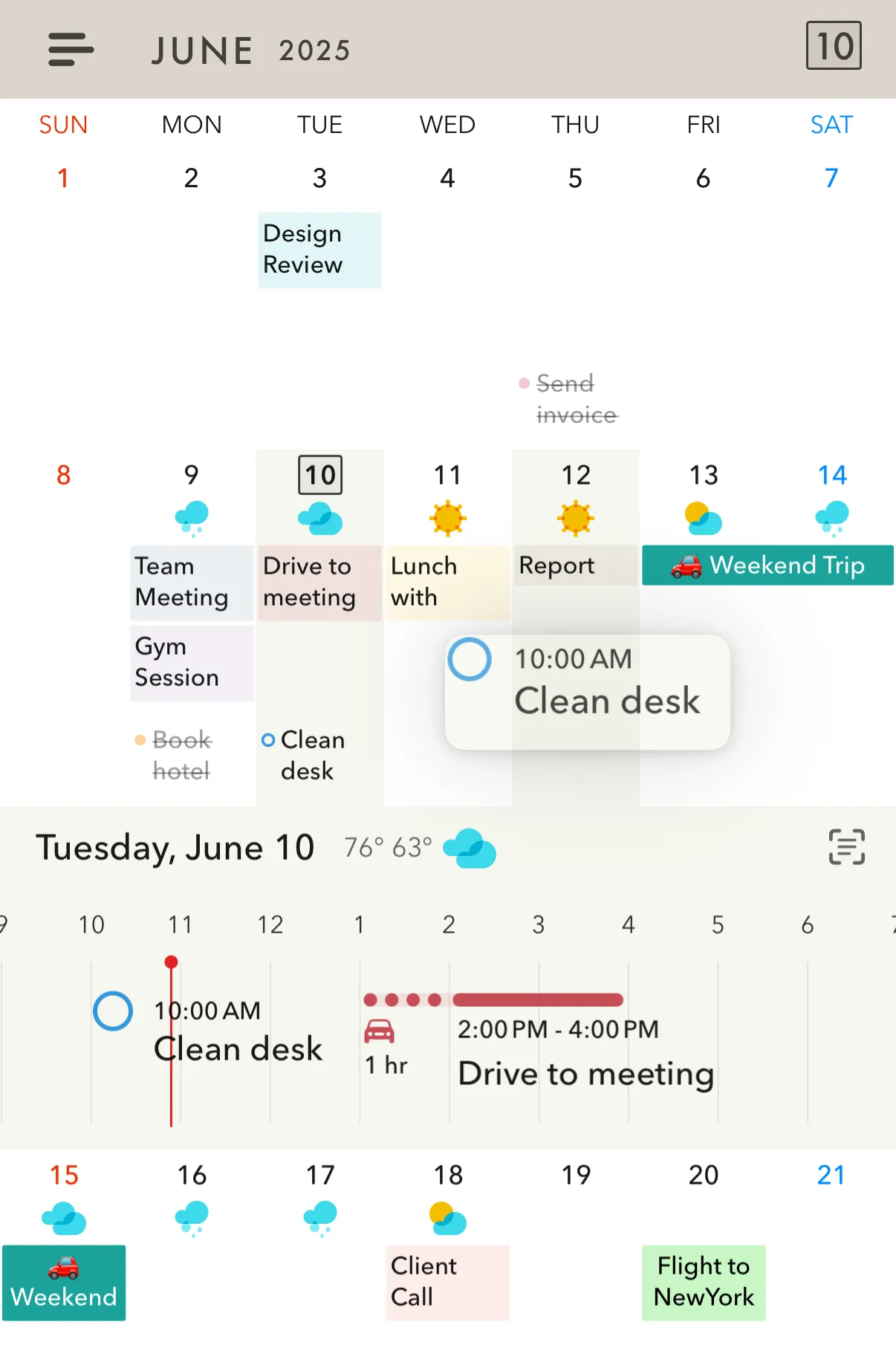 Dragging a task onto the calendar in Across, with a day timeline expanded below the month view