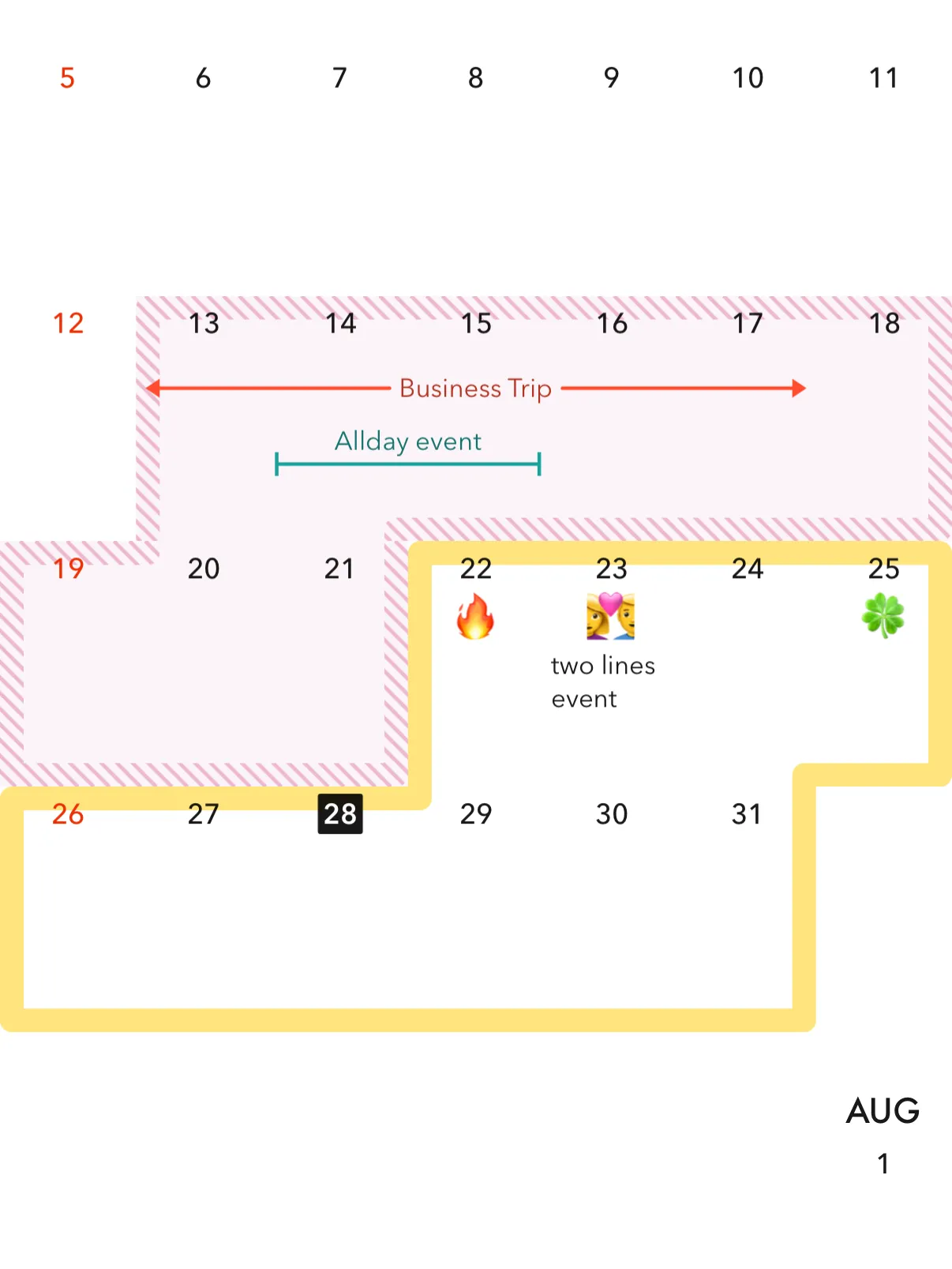 Month view in Across with emoji on days, a highlighted date range, and a multi-day span outline