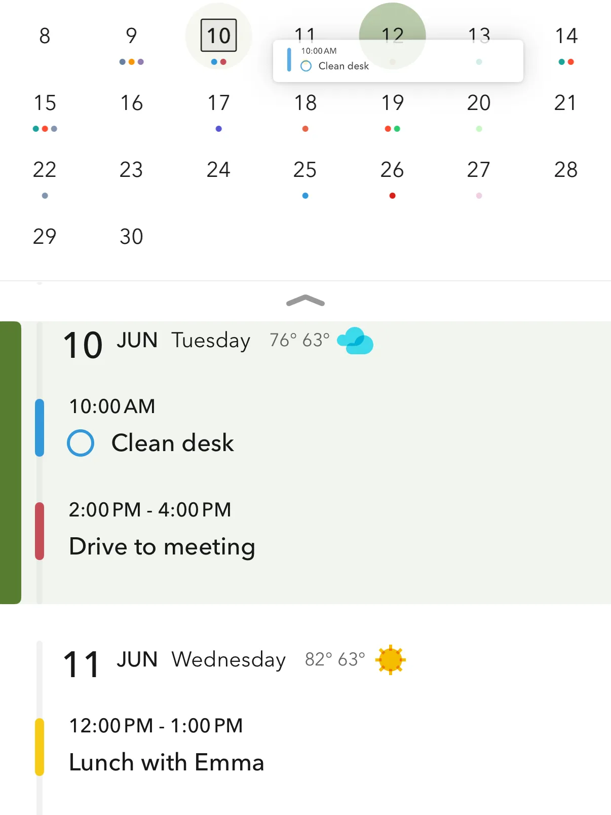 List view in Across with a mini month calendar above day-by-day events, tasks, and weather