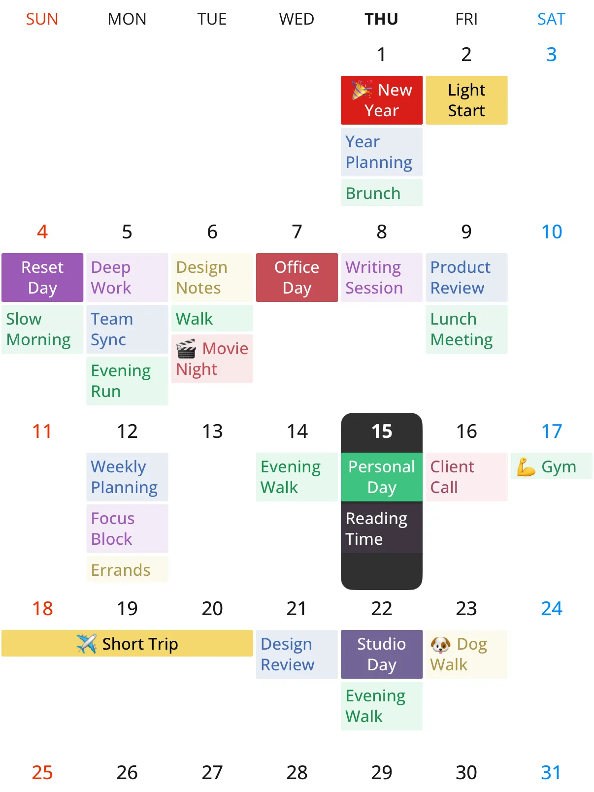 Month view in Across with color-coded events and today highlighted