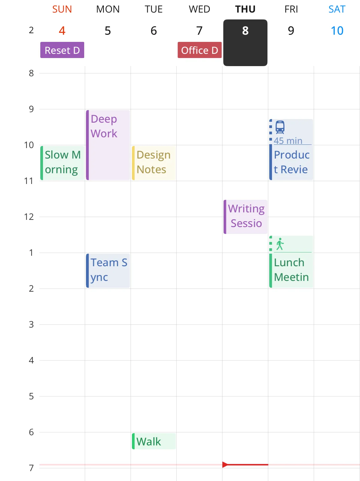 Week view in Across with timed events, travel time, and the current time indicator