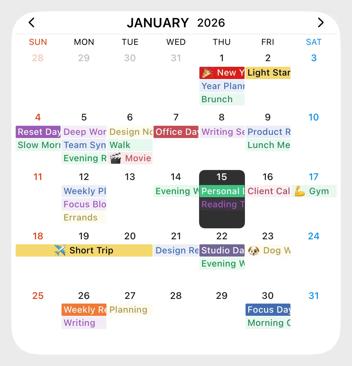 Across monthly widget on the Home Screen, showing a full month of color-coded events